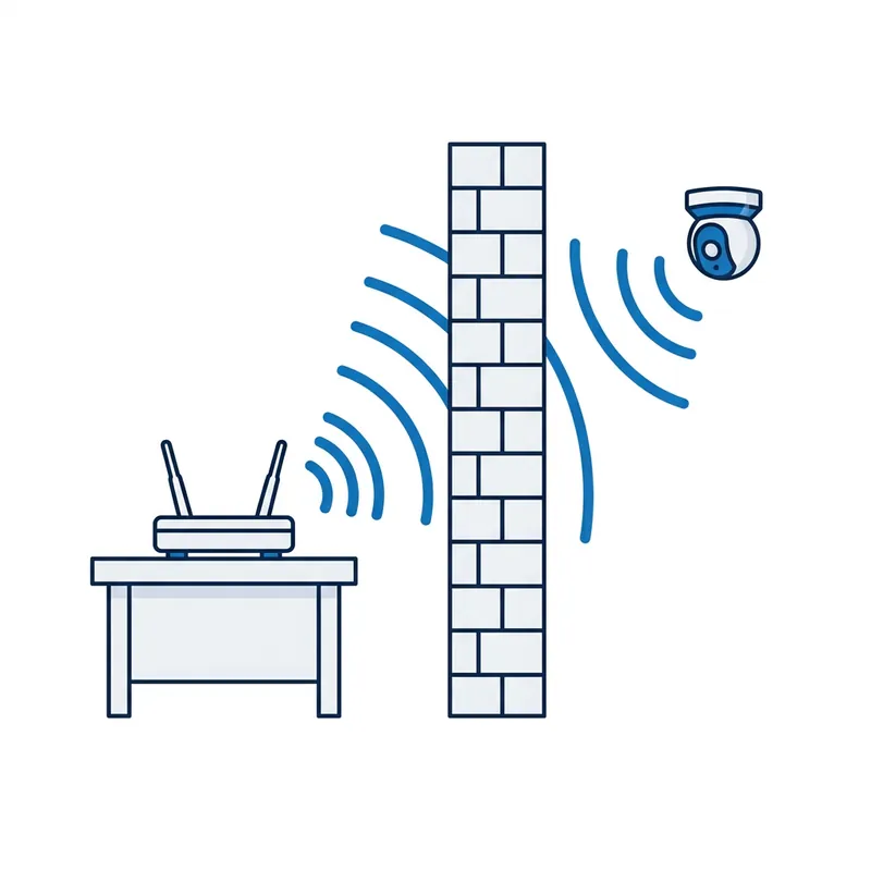 Illustration: a router's long WiFi waves pass through a brick wall to a camera on the far side, while its short waves fade out before the wall
