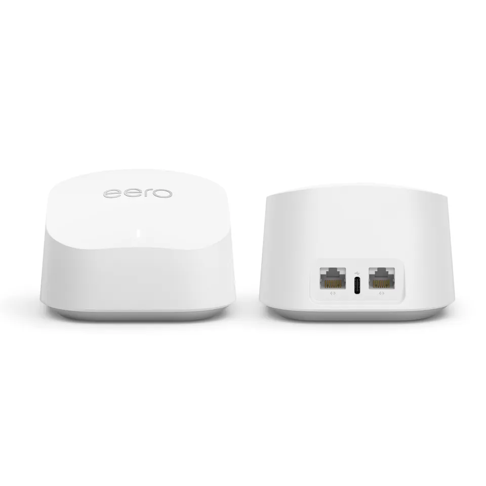 Amazon eero 6+, two white units, one turned to show its two network ports