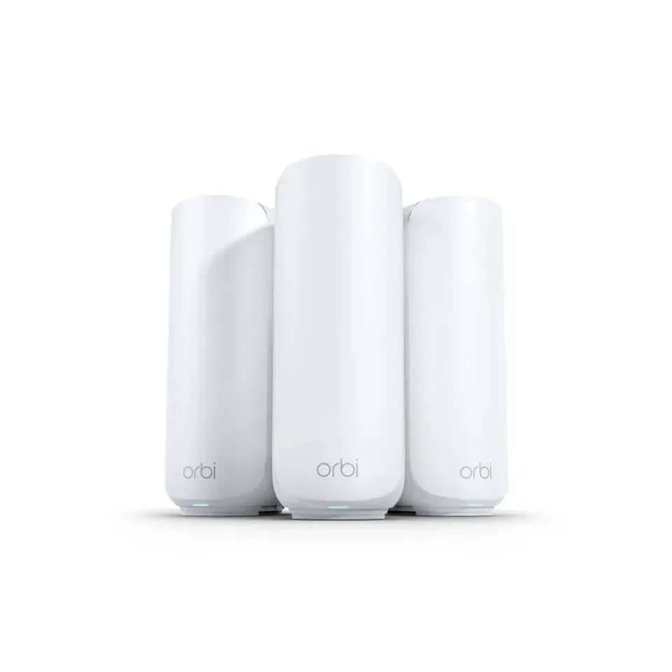 NETGEAR Orbi 370 mesh WiFi 7 system, three tall white units standing together