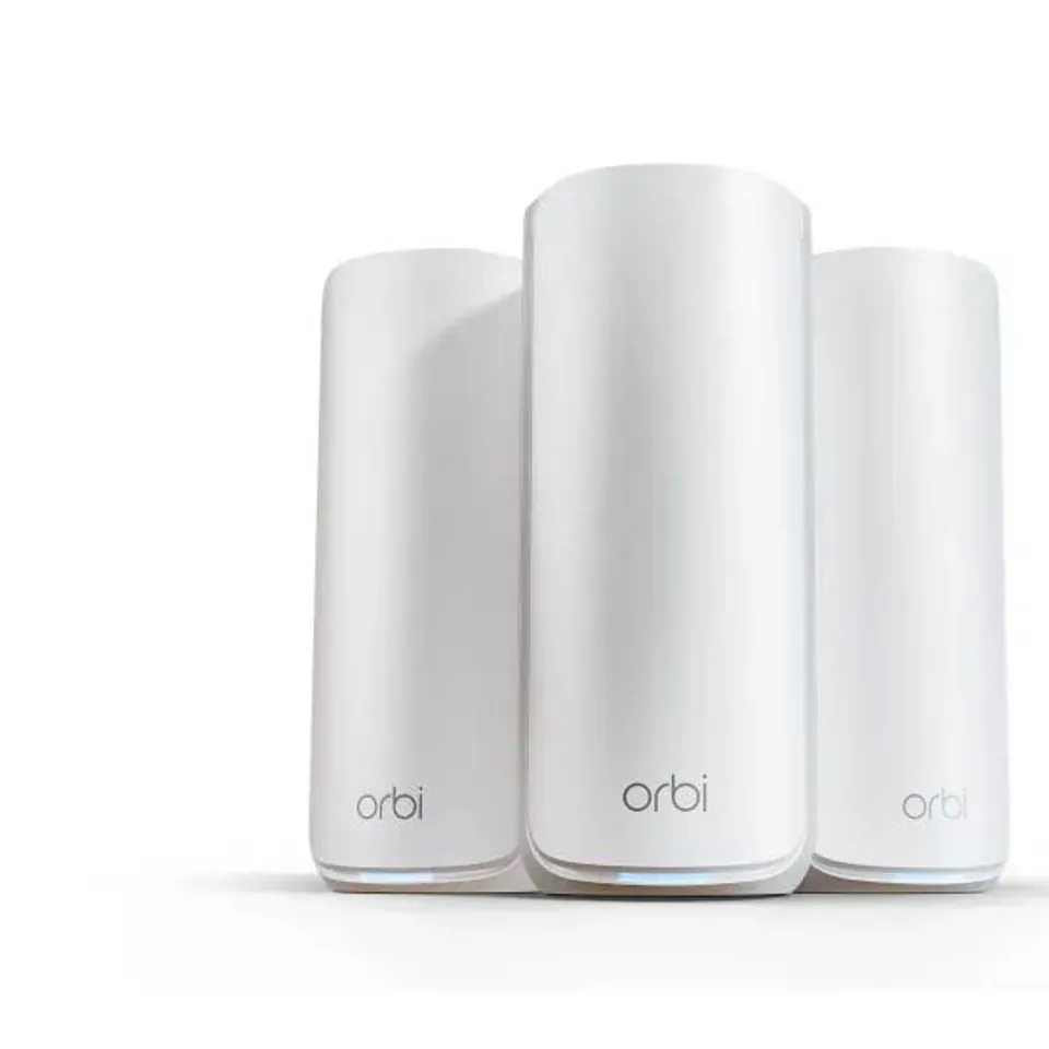 NETGEAR Orbi 870 mesh WiFi 7 system, three tall white units with the router in front
