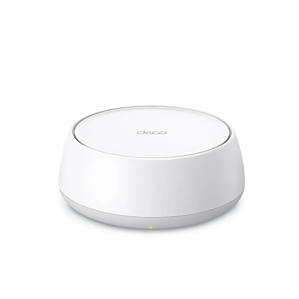 TP-Link Deco BE22 mesh WiFi 7 unit, a low white disc with the Deco mark on top