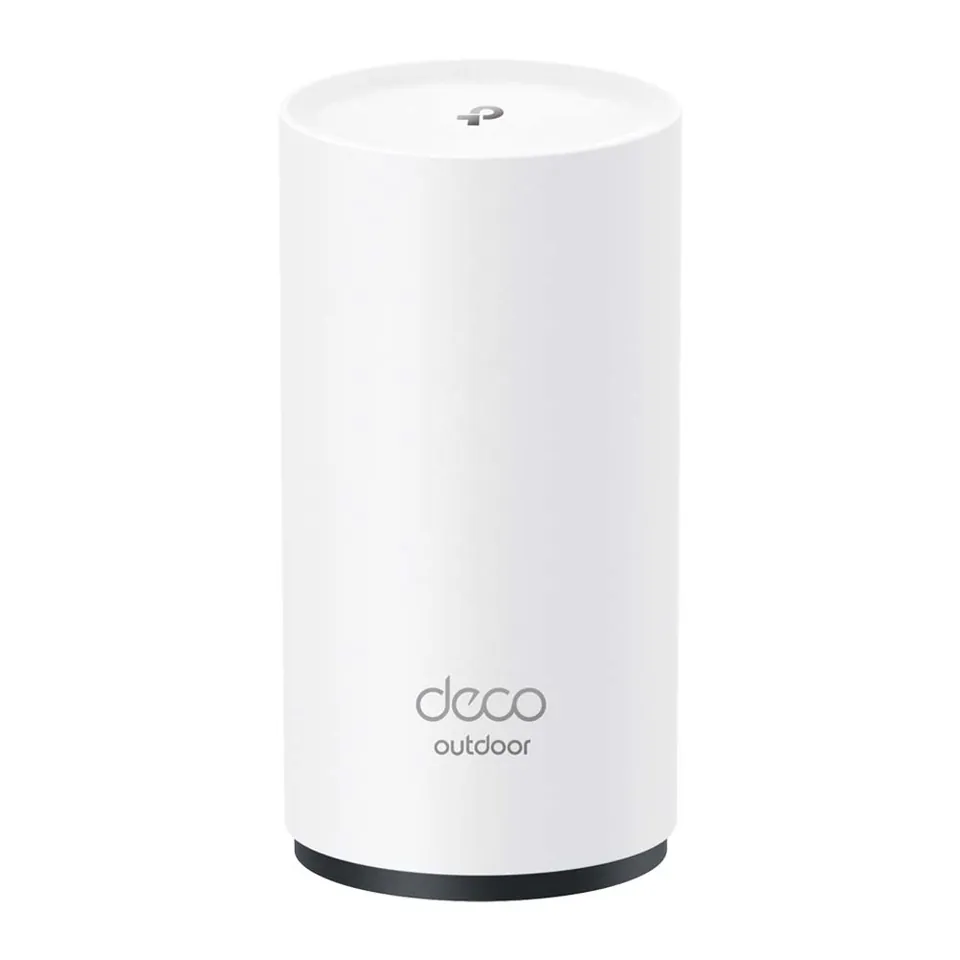TP-Link Deco X50-Outdoor, a tall white weatherproof cylinder with the Deco Outdoor mark near its base