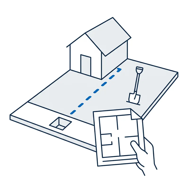 Illustration: blue paint dashes mark the buried cable across a front lawn from the footpath pit to the house, a plan in hand and a spade kept clear