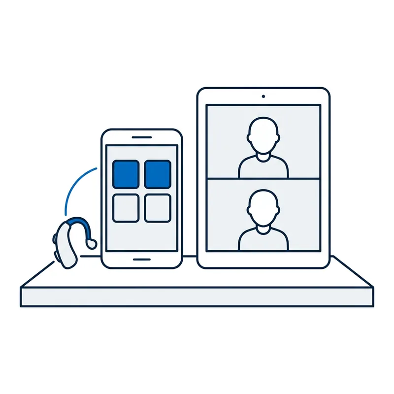 Illustration: a phone showing four large tiles beside a tablet on a two-person video call, a hearing aid linked to the phone by a blue arc