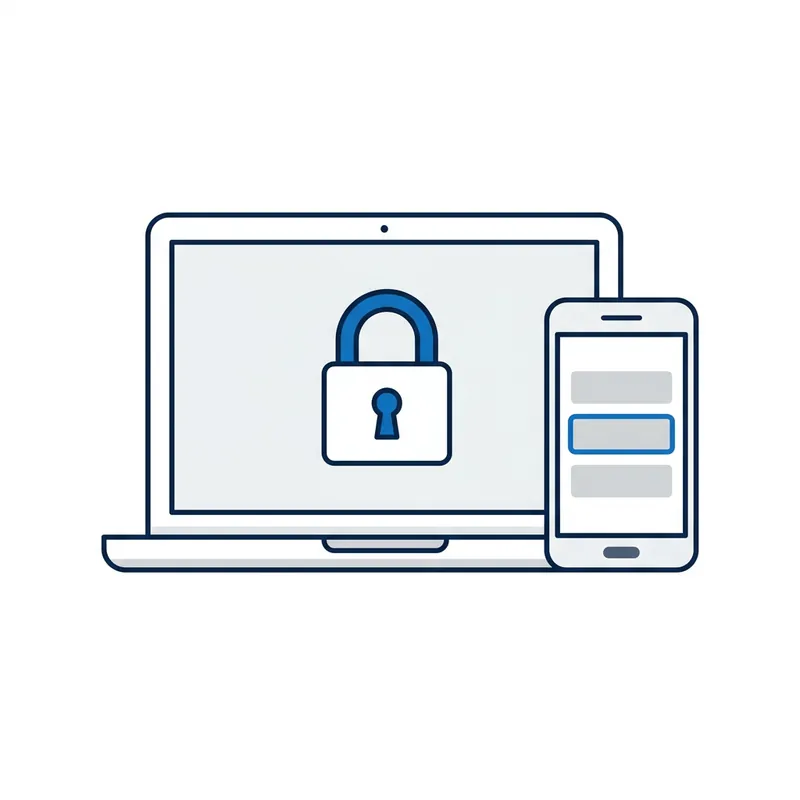Illustration: a laptop screen locked behind a padlock, beside a phone showing a short list with one entry picked out in blue