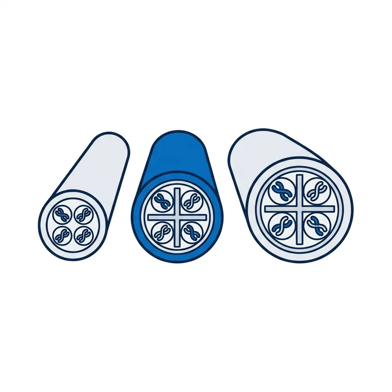 Illustration: three network cables cut end-on, each thicker than the last, the middle one blue with a cross divider between its four pairs