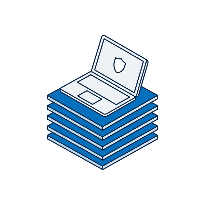Illustration: an open laptop with a shield on its screen, resting on five thin stacked layers