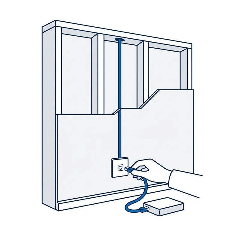 Illustration: a wall opened up to show a data cable inside it, and a hand plugging a ready-made lead into the wall plate
