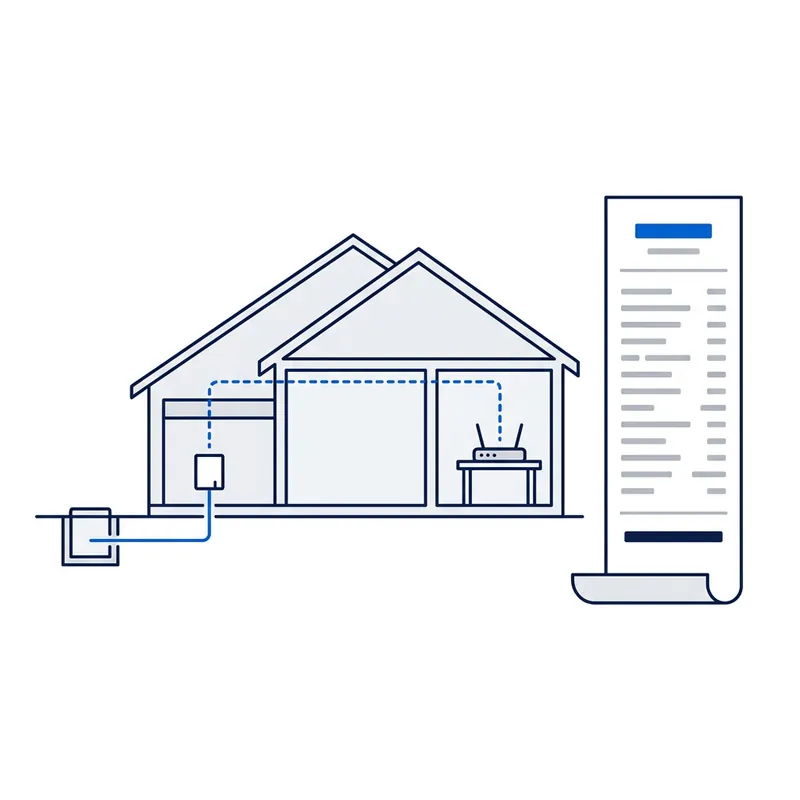Illustration: a house in cross-section with the NBN box in the garage and a dashed line through the ceiling to the router, beside a long receipt