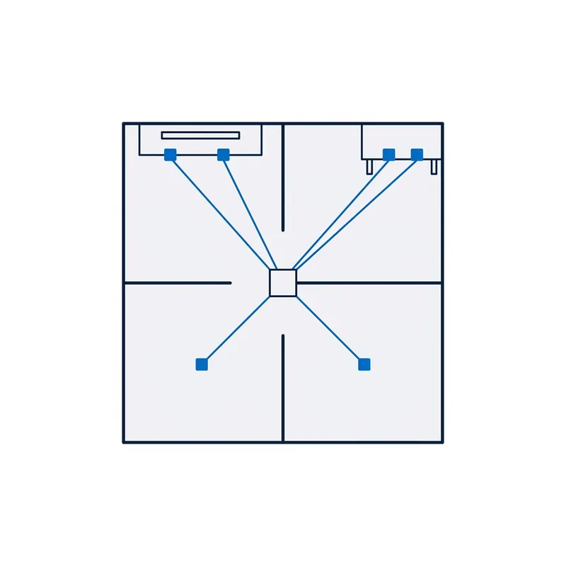 Illustration: a floor plan with two data points at the TV and two at the desk, one in each of the other rooms, every point cabled back to one hub
