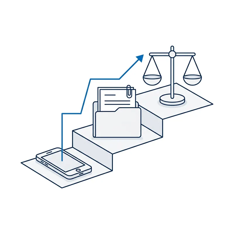 Illustration: a phone, a folder of papers and a balance scale climbing like steps, joined by a rising blue arrow