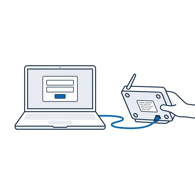 Illustration: a laptop showing a blank login box, cabled to a modem tipped up to show the sticker underneath