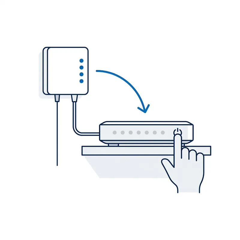 Illustration: the NBN box with its lights solid blue, an arrow down to the modem, and a hand pressing the modem's power button