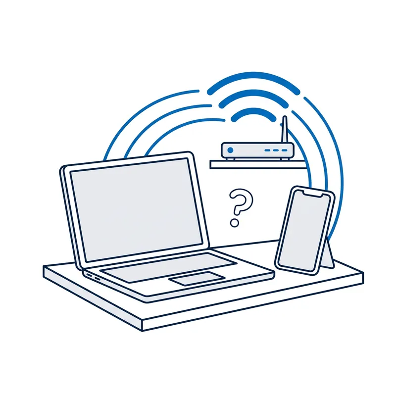 Illustration: a laptop and a phone side by side on a desk, WiFi arcs from a modem behind them reaching both, a question mark between them