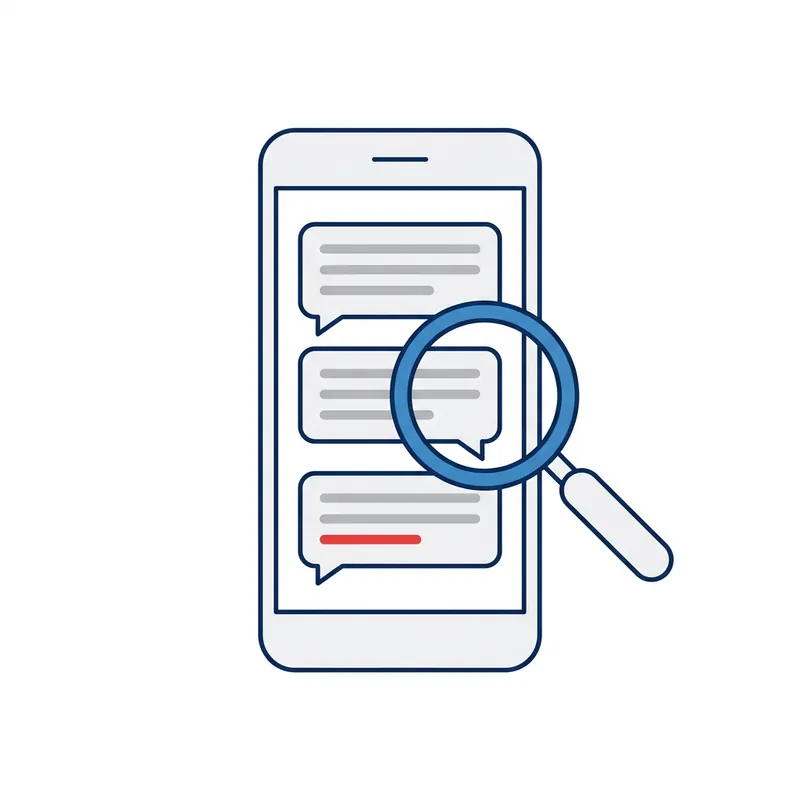 Illustration: a phone showing three message bubbles, a magnifying glass over one, and the link in the last drawn in red