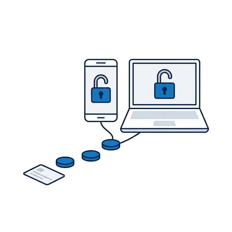 Illustration: a phone and a laptop each showing an open padlock, reached by a path of blue stepping stones from a note card