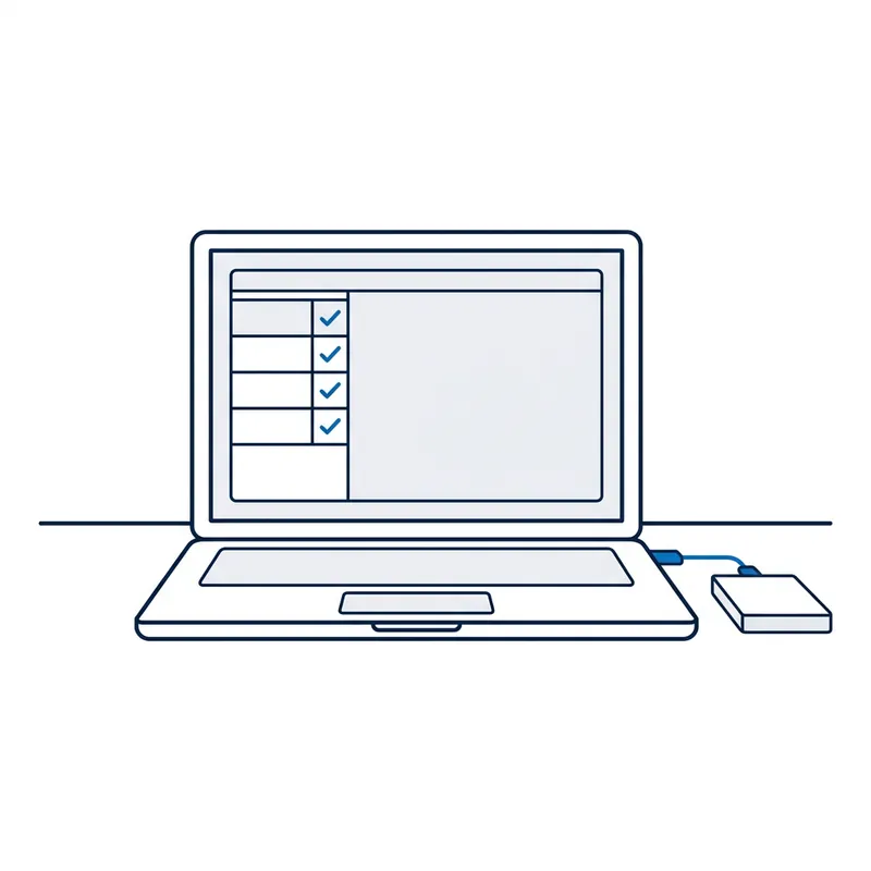 Illustration: an open laptop showing a sidebar of four rows, each ticked in blue, with an external drive cabled beside it