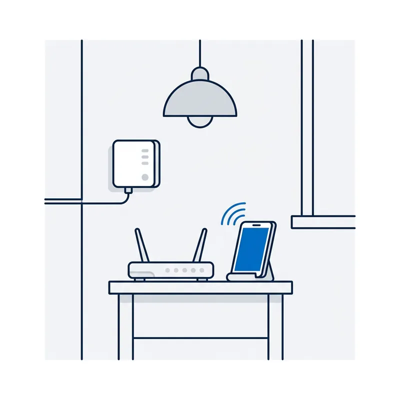 Illustration: a room in a blackout, the NBN box, modem and light all dark, and only a mobile phone still showing a signal