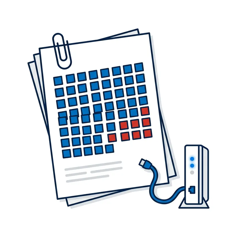 Illustration: a paper-clipped stack of pages, the top one a grid of blue squares with a cluster of red ones, beside a modem with a cable to the pages