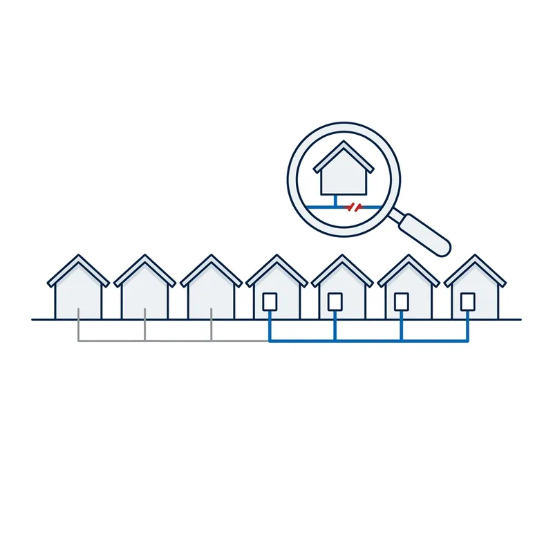 Illustration: a row of houses, the older ones on grey copper lines and the newer ones on blue fibre, a magnifying glass over one fibre line showing a red break