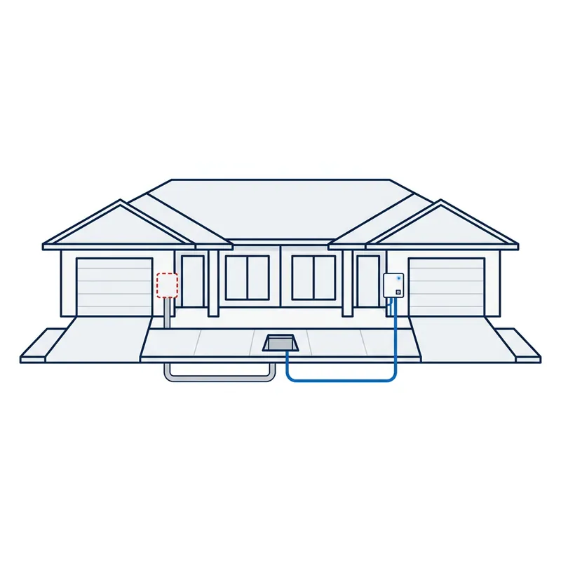 Illustration: a duplex from the front, the right home's NBN box lit and wired to the pit, the left home's box missing, marked by a red dashed outline