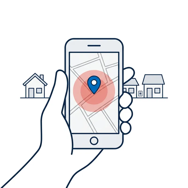 Illustration: a hand holds a phone showing a map with a pin inside a red outage area, a short street of houses behind it