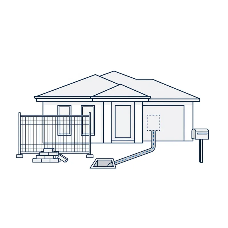 Illustration: a newly built house behind a builder's fence, a conduit from the front pit to a dashed outline where the NBN box will go