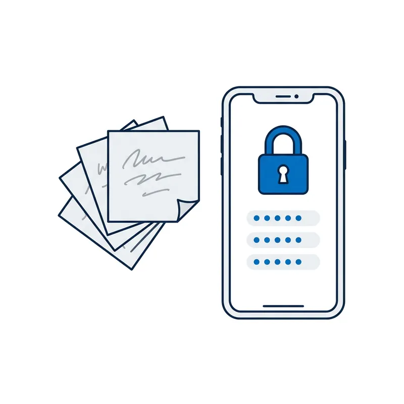 Illustration: a fan of sticky notes beside a phone whose screen shows a padlock and a list of saved passwords hidden as dots