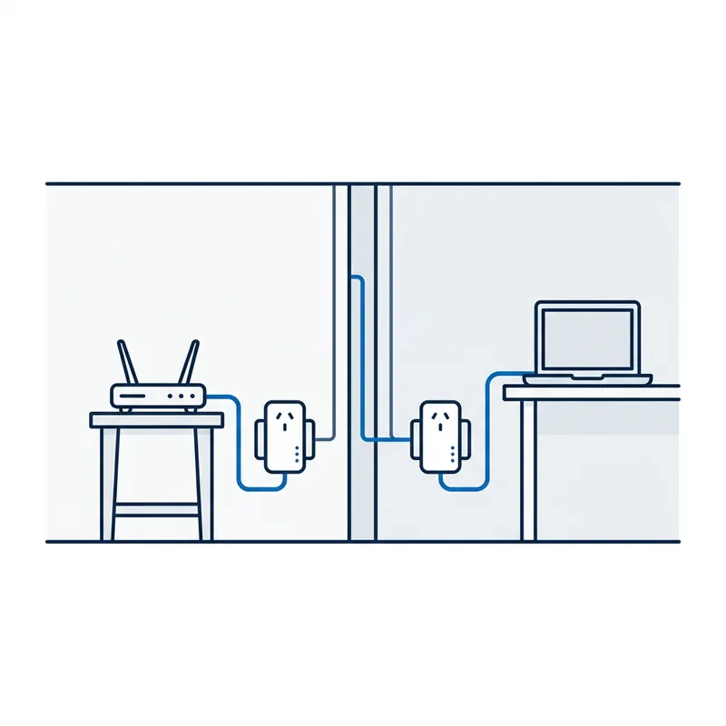 Illustration: two rooms, a modem plugged into a powerline adapter on one side and a laptop on the other, linked through the wall wiring