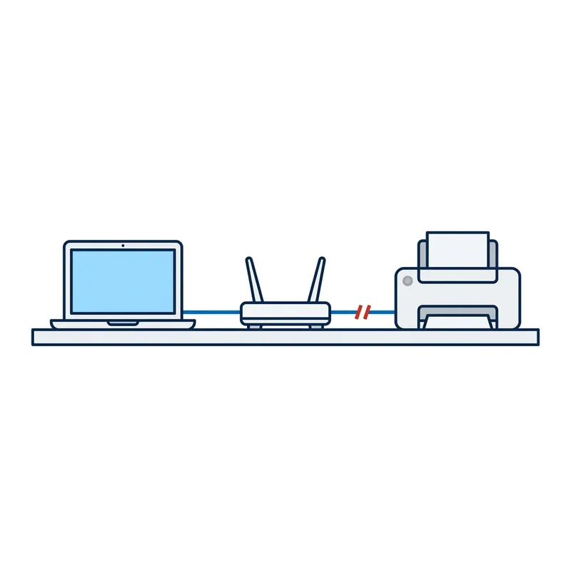Illustration: a laptop and a printer either side of a modem, the laptop's link whole and the printer's broken in red