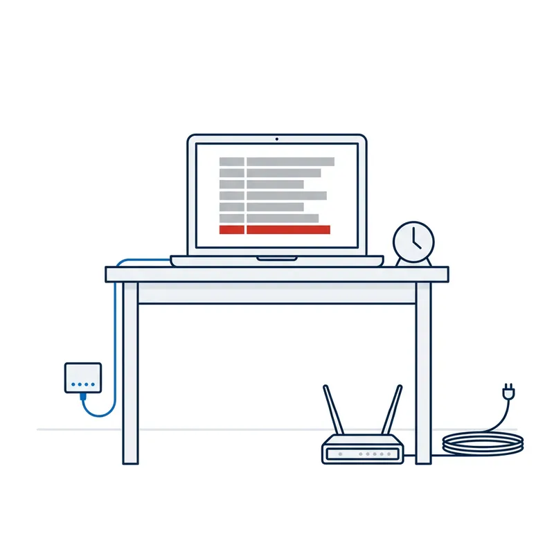 Illustration: a laptop cabled straight to a box on the wall, grey bars on its screen with the last one red, and the router unplugged on the floor
