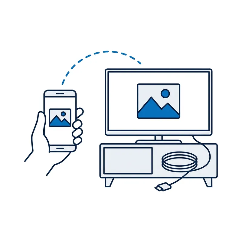 Illustration: a phone held up beside a TV showing the same picture, a dashed arc between them and a coiled video cable by the cabinet