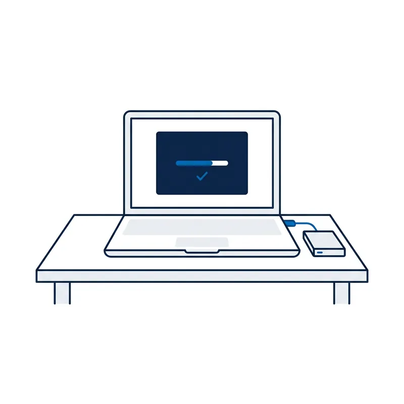 Illustration: a laptop showing a dark window with a blue progress bar and a tick, an external drive plugged into its side