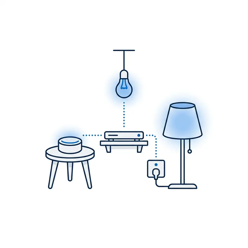 Illustration: a smart speaker's request travels through the modem to a smart plug and a hanging bulb, and the lamp and bulb light up