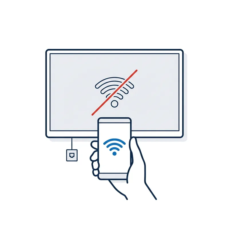 Illustration: a TV screen with its WiFi symbol crossed out in red, and a hand holding up a phone in front of it showing full WiFi