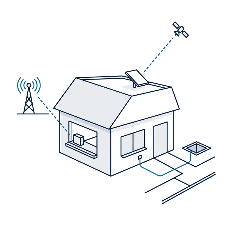 Illustration: one house reached three ways, a dish on the roof to a satellite, a mobile tower to a box at the window, and a cable from a pit