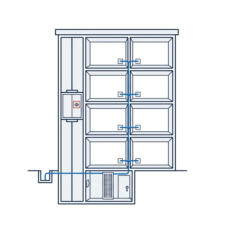 Illustration: an apartment block cut away, a blue line from the street pit to the basement frame and up the riser to each unit, the lift phone outlined in red