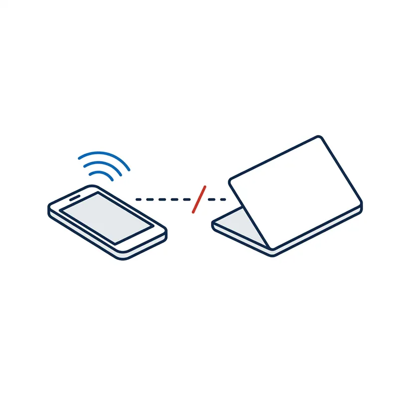 Illustration: a ringing phone beside a laptop, the dashed line between them cut in red