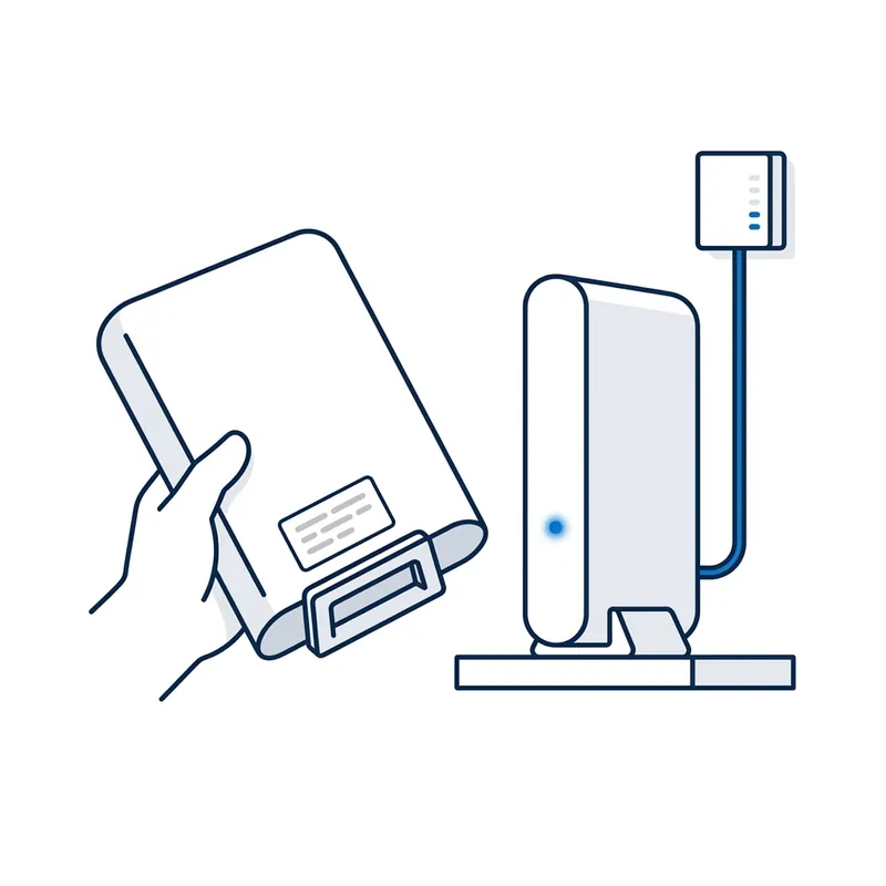 Illustration: a slim modem with one blue light cabled to the NBN box on the wall, and a second modem tipped over in a hand to show its label