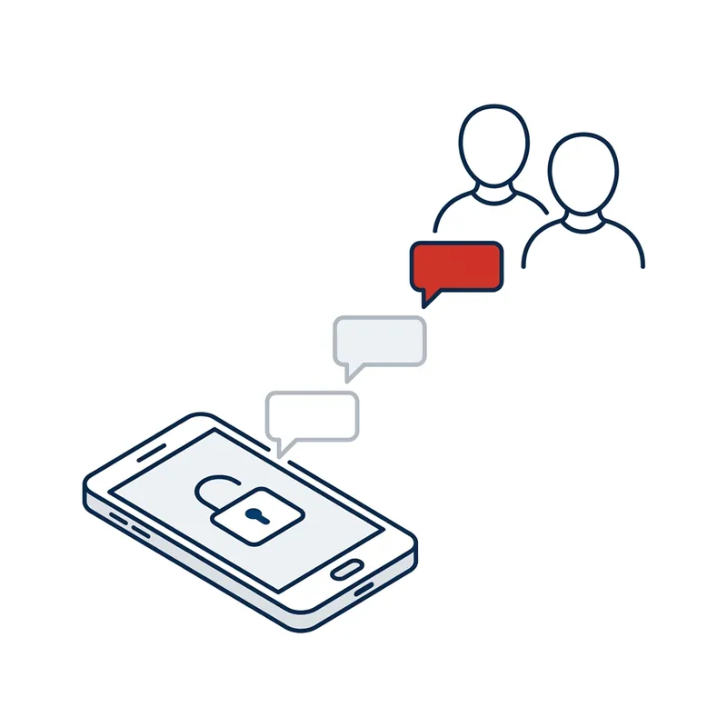 Illustration: a phone with an open padlock on its screen, three message bubbles drifting from it to two people, the last bubble in red