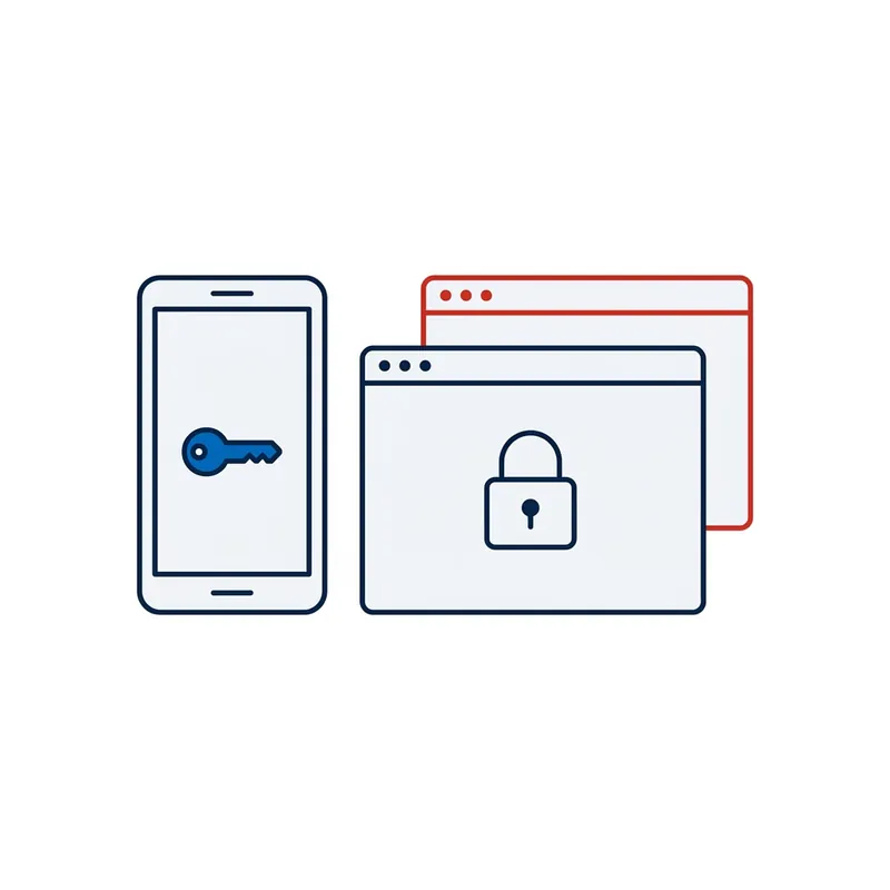 Illustration: a phone holding a blue key beside a website's padlock, with a look-alike website behind it outlined in red