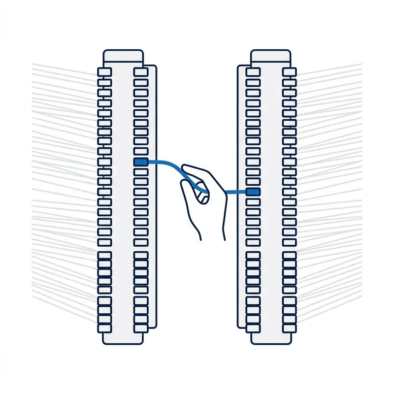 Illustration: two tall terminal blocks with grey wires fanning in and out, and a hand holding one blue jumper wire run between a terminal on each block