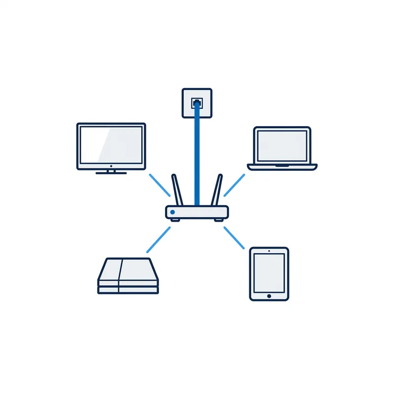 Illustration: one thick blue cable from the wall plate into a router, with thinner links out to a TV, a laptop, a tablet and a games console
