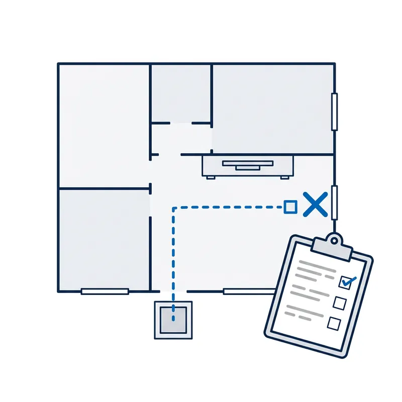 Illustration: a floor plan from above, a dashed line from the street pit to a blue X on the lounge wall beside the TV, and a clipboard with a ticked checklist