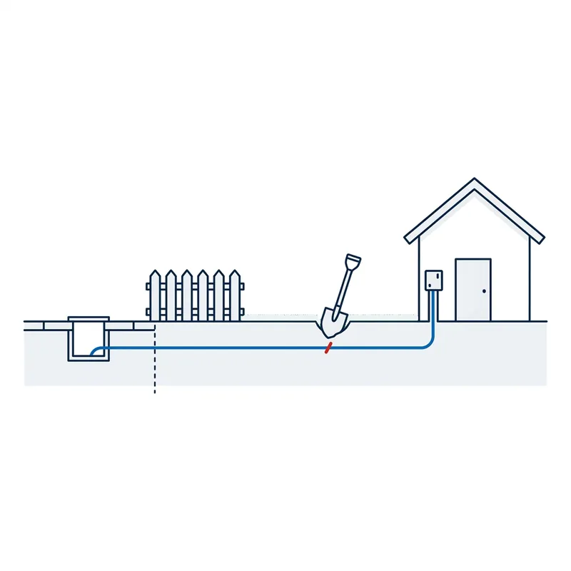 Illustration: a blue cable runs underground from a footpath pit, under the fence and lawn, up to a box on a house, with a red cut where a spade hits it