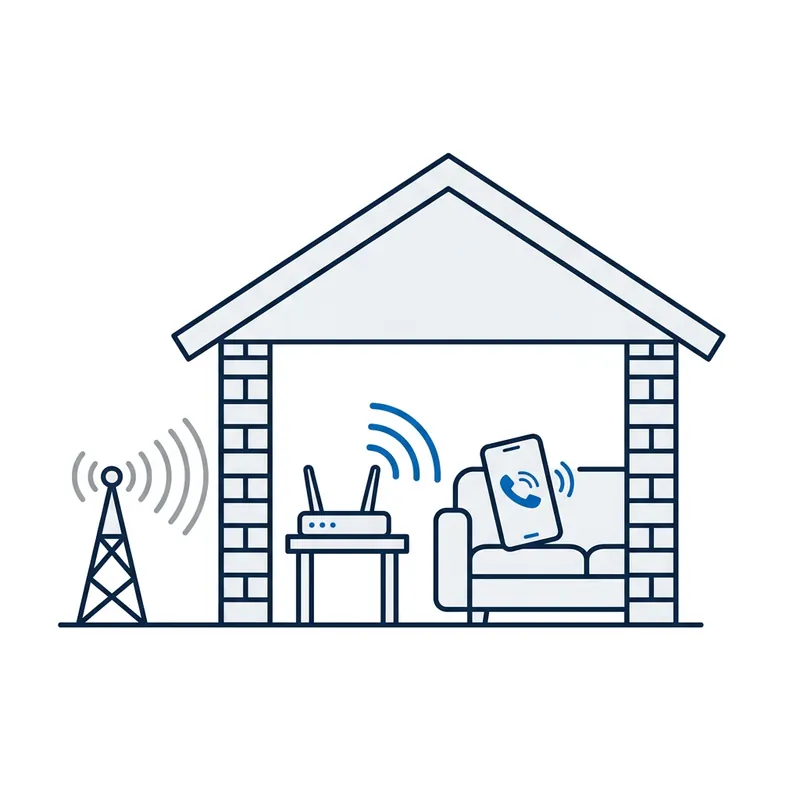 Illustration: a brick house where the mobile tower's signal stops at the wall, while the router's WiFi carries a call to a phone on the couch