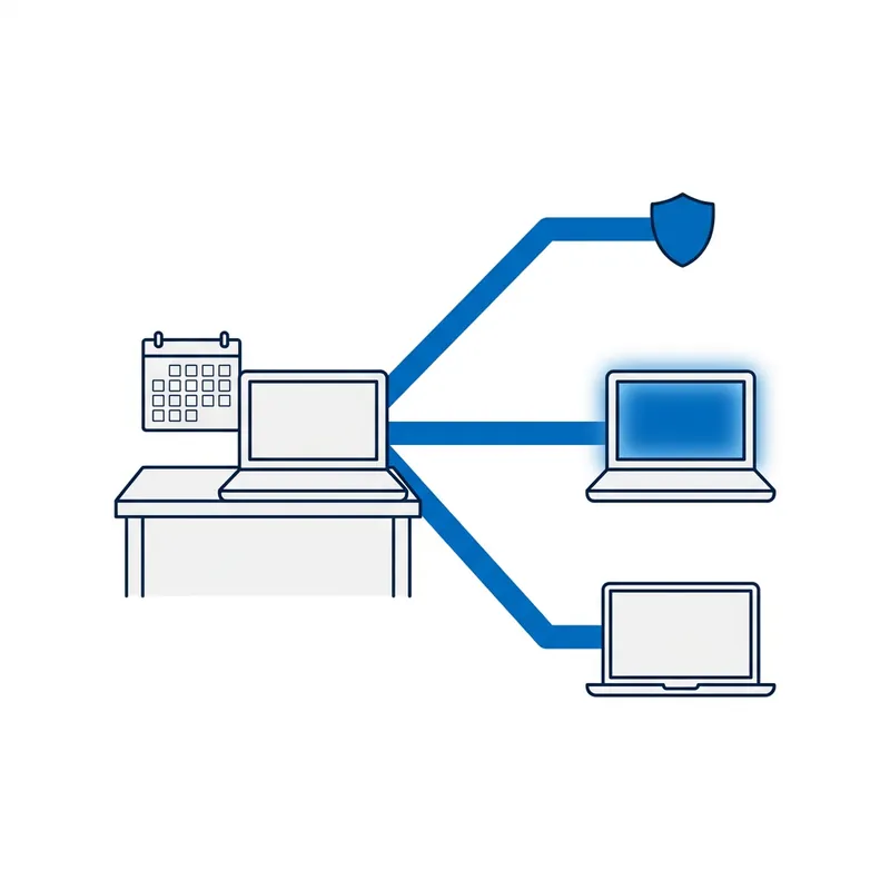 Illustration: a laptop and a calendar on a desk, with three blue paths leading on to a shield, a refreshed screen and a new laptop