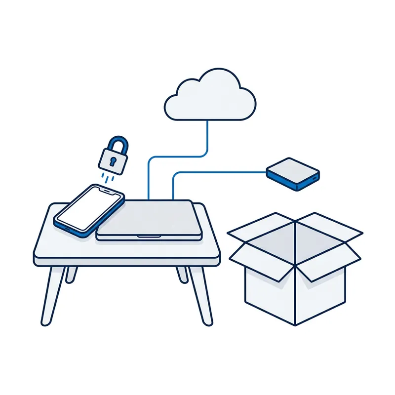 Illustration: an old phone and laptop backed up to a cloud and a drive, a padlock lifting off the phone, and an empty box beside them