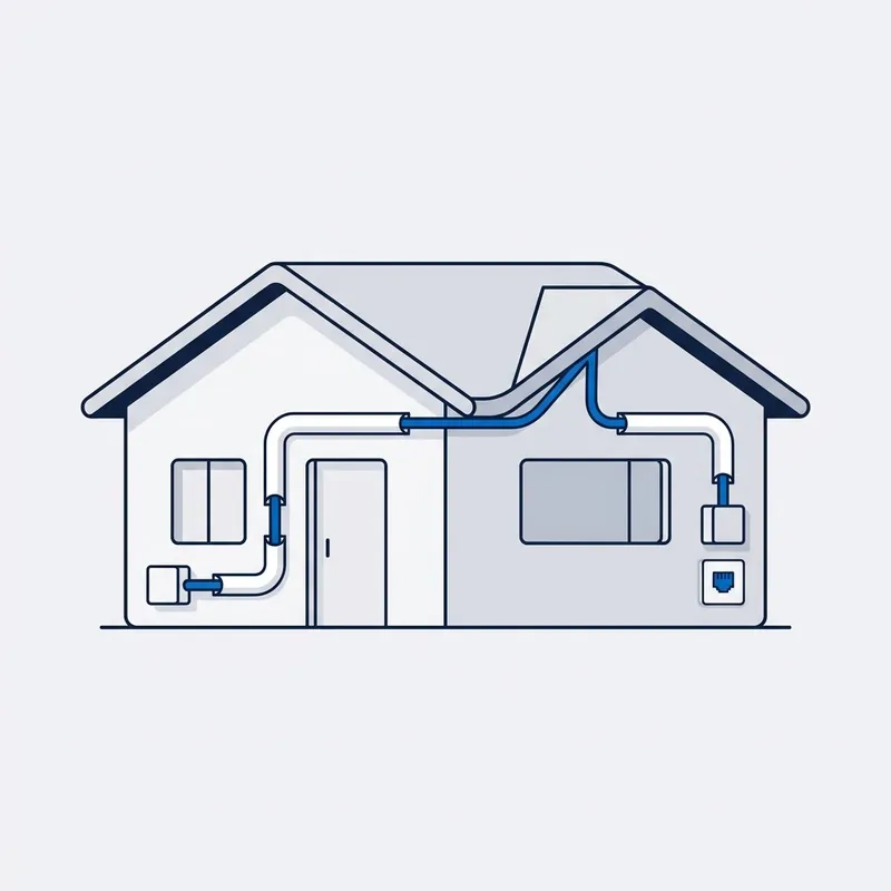 Illustration: a house seen from outside, conduit carrying a blue cable from the box on one wall up under the eaves and across to a wall plate on the far side