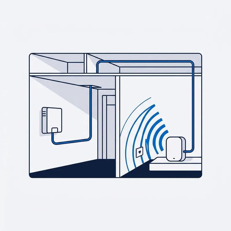 Illustration: the NBN box left on its wall, one blue cable run through the ceiling to a data point in another room, and the router on it with blue arcs